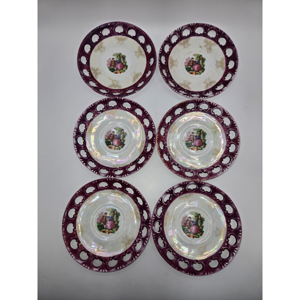 Yau Shing YS Fine Porcelain Saucers 6 Courting Couple Purple Luster Pierced Rim
